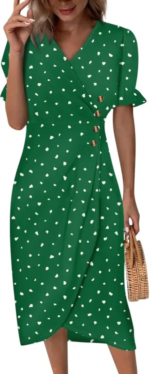 Women's Summer Casual Loose Short Sleeve V-Neck Floral Printed Solid Beach Vacation Boho Dress Plus Size, S-3XL