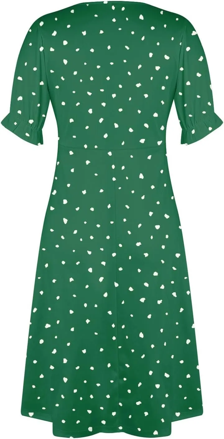 Women's Summer Casual Loose Short Sleeve V-Neck Floral Printed Solid Beach Vacation Boho Dress Plus Size, S-3XL
