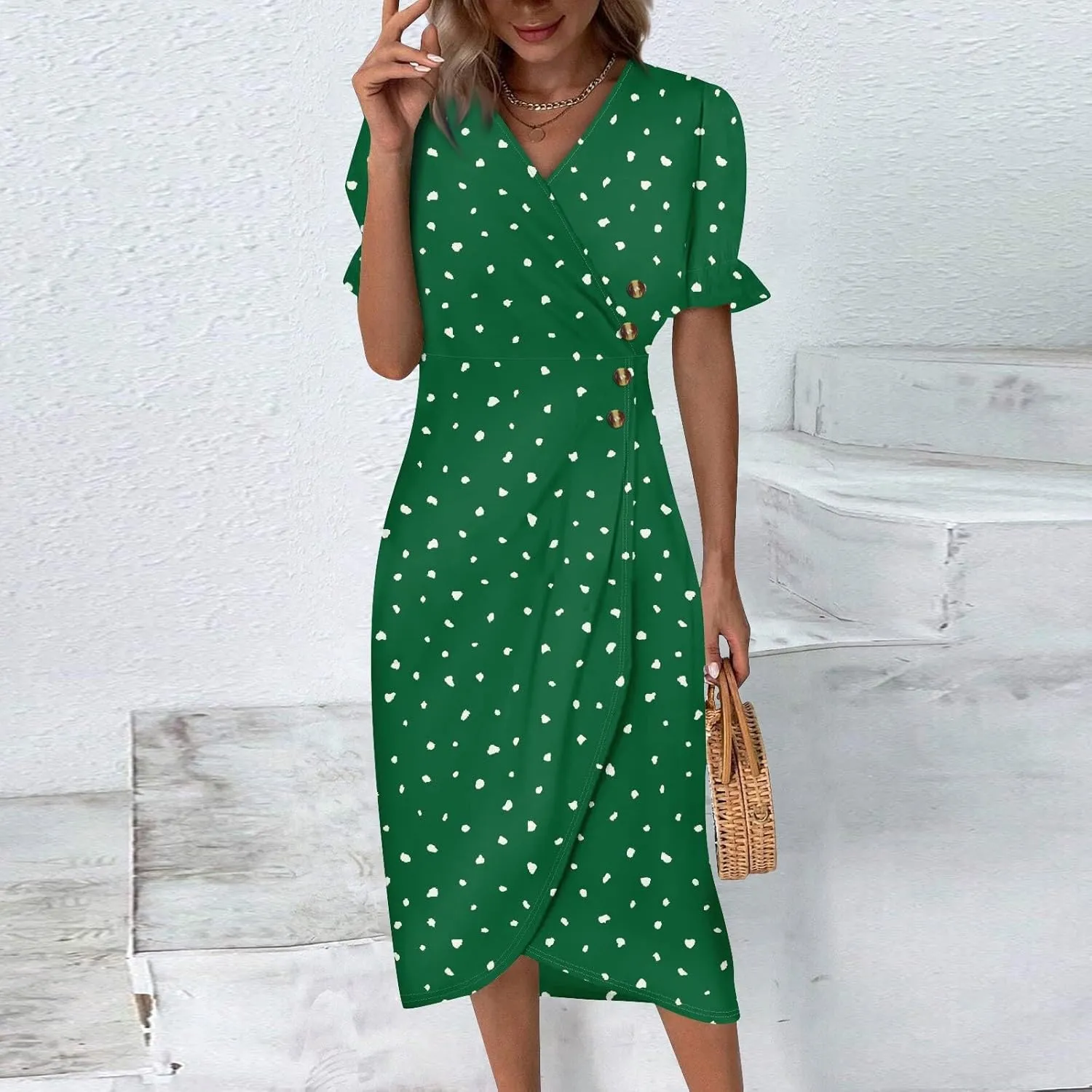 Women's Summer Casual Loose Short Sleeve V-Neck Floral Printed Solid Beach Vacation Boho Dress Plus Size, S-3XL
