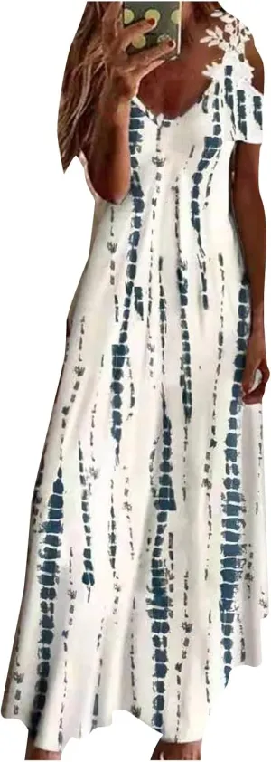 Women's Summer Casual Loose Trendy Short Sleeve V-Neck Strapless Floral Print Holiday Boho Maxi Dress, S-3XL