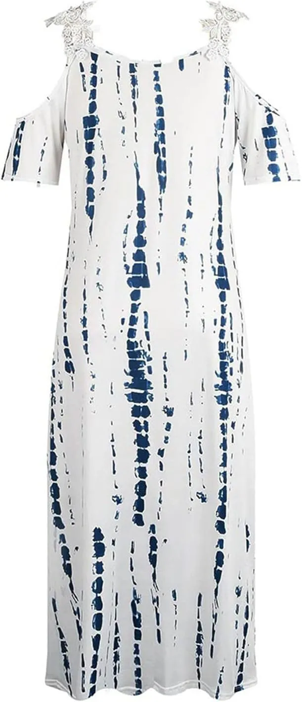 Women's Summer Casual Loose Trendy Short Sleeve V-Neck Strapless Floral Print Holiday Boho Maxi Dress, S-3XL