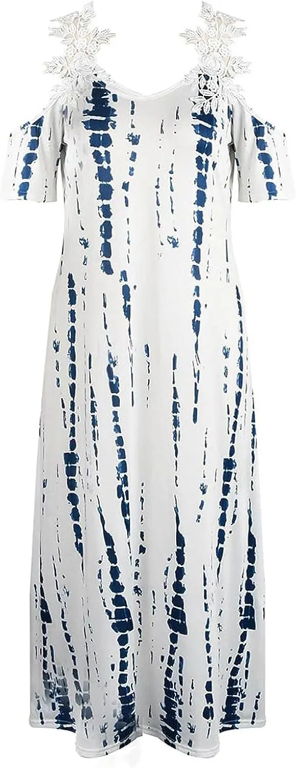 Women's Summer Casual Loose Trendy Short Sleeve V-Neck Strapless Floral Print Holiday Boho Maxi Dress, S-3XL