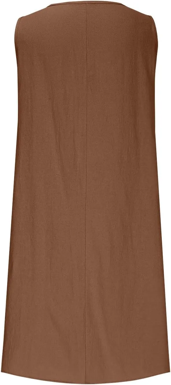 Women's Summer Cotton Linen Dress Casual Sleeveless Pleated Loose Sundress Fashion Solid Color Lounge Holiday Dress