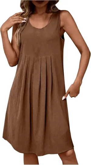 Women's Summer Cotton Linen Dress Casual Sleeveless Pleated Loose Sundress Fashion Solid Color Lounge Holiday Dress