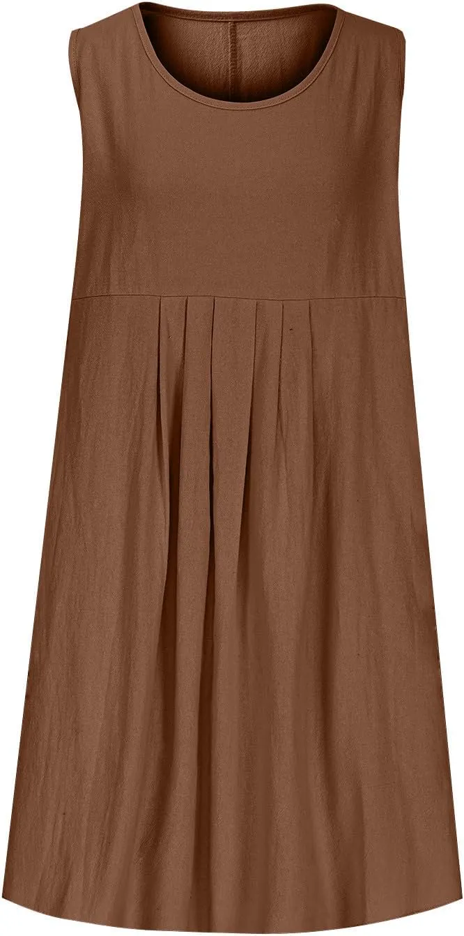 Women's Summer Cotton Linen Dress Casual Sleeveless Pleated Loose Sundress Fashion Solid Color Lounge Holiday Dress