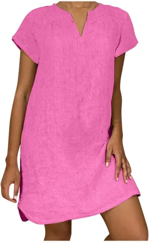 Womens Summer Cotton Linen Dresses Casual V Neck Short Sleeve Midi Dress Floral Embroidery Shirt Dress Plus Size S-5X Deals of The Day 2024 Vacation Sun Dresses Women, Pink R