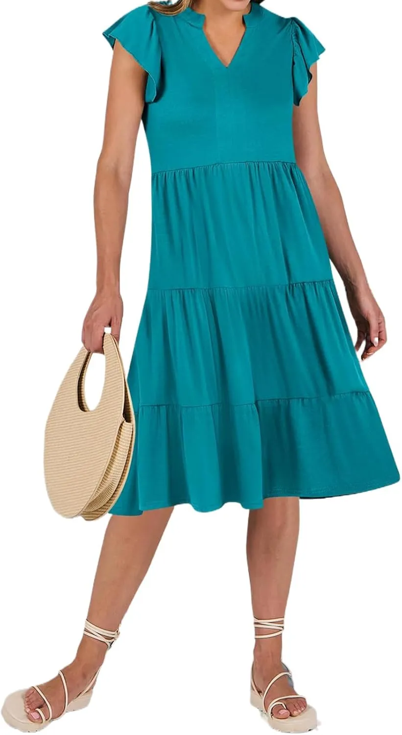 Womens Summer Dress Fashion Ruffle Sleeve V Neck Midi Dresses Trendy Flowy Tiered Beach Vacation Boho Sundress 2025