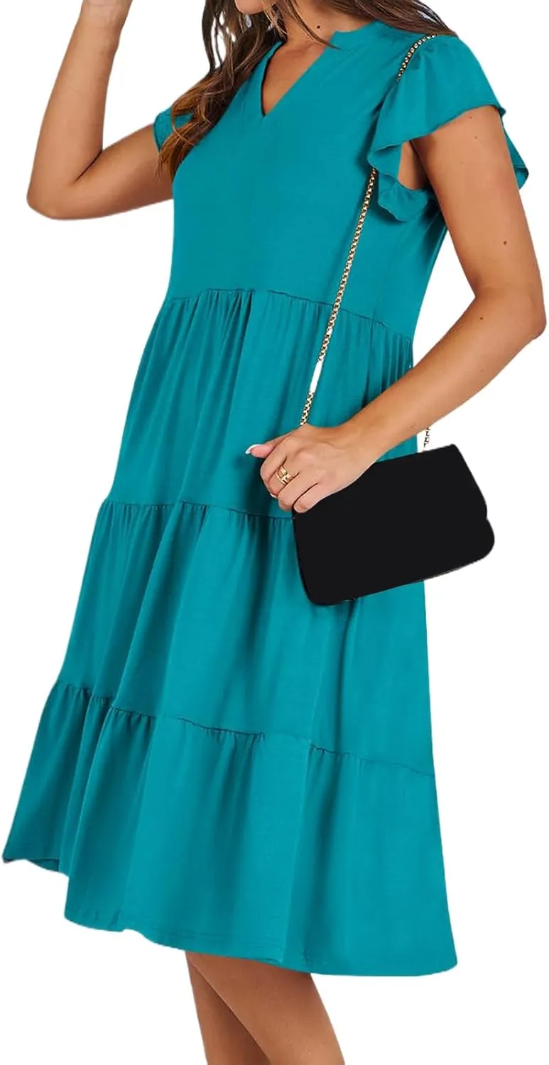 Womens Summer Dress Fashion Ruffle Sleeve V Neck Midi Dresses Trendy Flowy Tiered Beach Vacation Boho Sundress 2025
