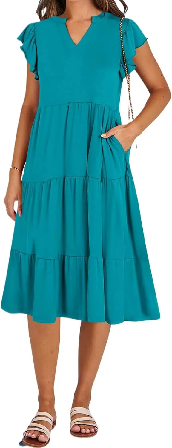 Womens Summer Dress Fashion Ruffle Sleeve V Neck Midi Dresses Trendy Flowy Tiered Beach Vacation Boho Sundress 2025