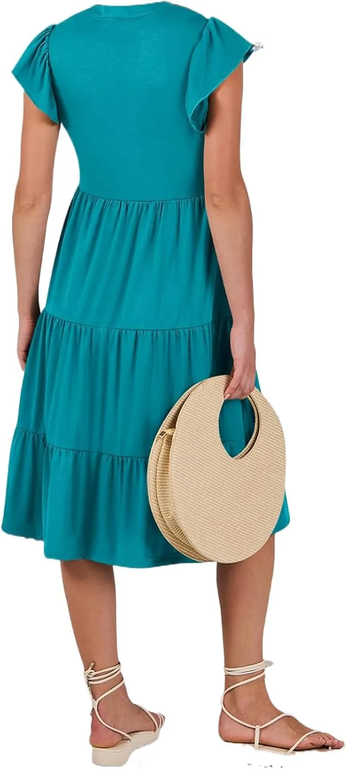 Womens Summer Dress Fashion Ruffle Sleeve V Neck Midi Dresses Trendy Flowy Tiered Beach Vacation Boho Sundress 2025