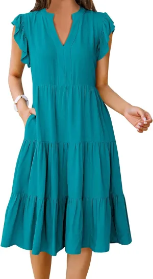 Womens Summer Dress Fashion Ruffle Sleeve V Neck Midi Dresses Trendy Flowy Tiered Beach Vacation Boho Sundress 2025