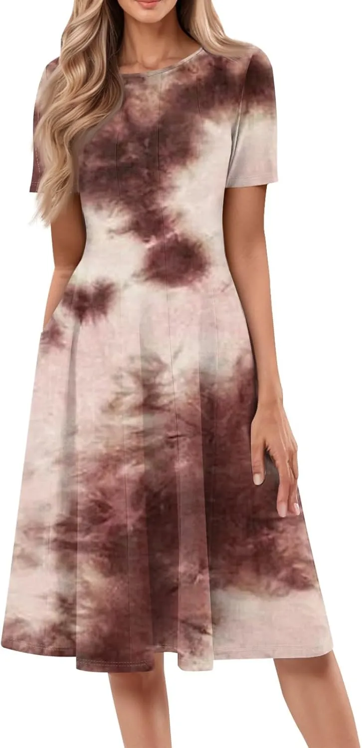 Womens Summer Dress Short Sleeve Beach Vacation Midi Bodycon Dress Round Neck Solid Color Boho Sundresses with Pocket