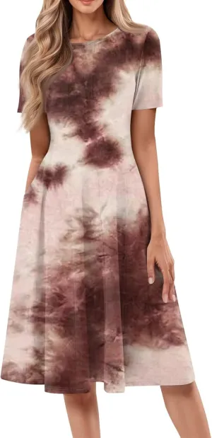 Womens Summer Dress Short Sleeve Beach Vacation Midi Bodycon Dress Round Neck Solid Color Boho Sundresses with Pocket