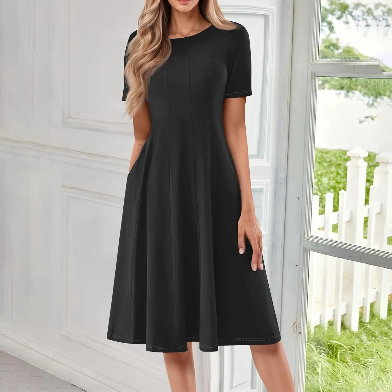 Women's Summer Dresses 2025 Casual Loose Trendy Short Sleeve Crew Neck Solid Color Gradient Midi Dress Plus Size, S-3XL