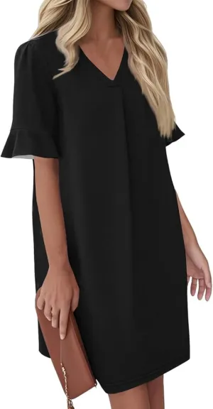 Womens Summer Dresses 2025 Loose Scoop Neck Ruffle Short Sleeve Sundresses Dress with Pockets