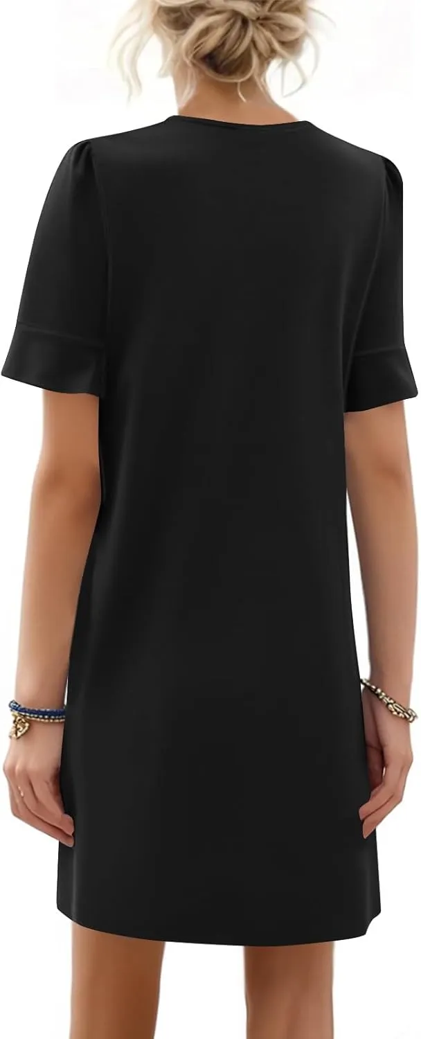 Womens Summer Dresses 2025 Loose Scoop Neck Ruffle Short Sleeve Sundresses Dress with Pockets