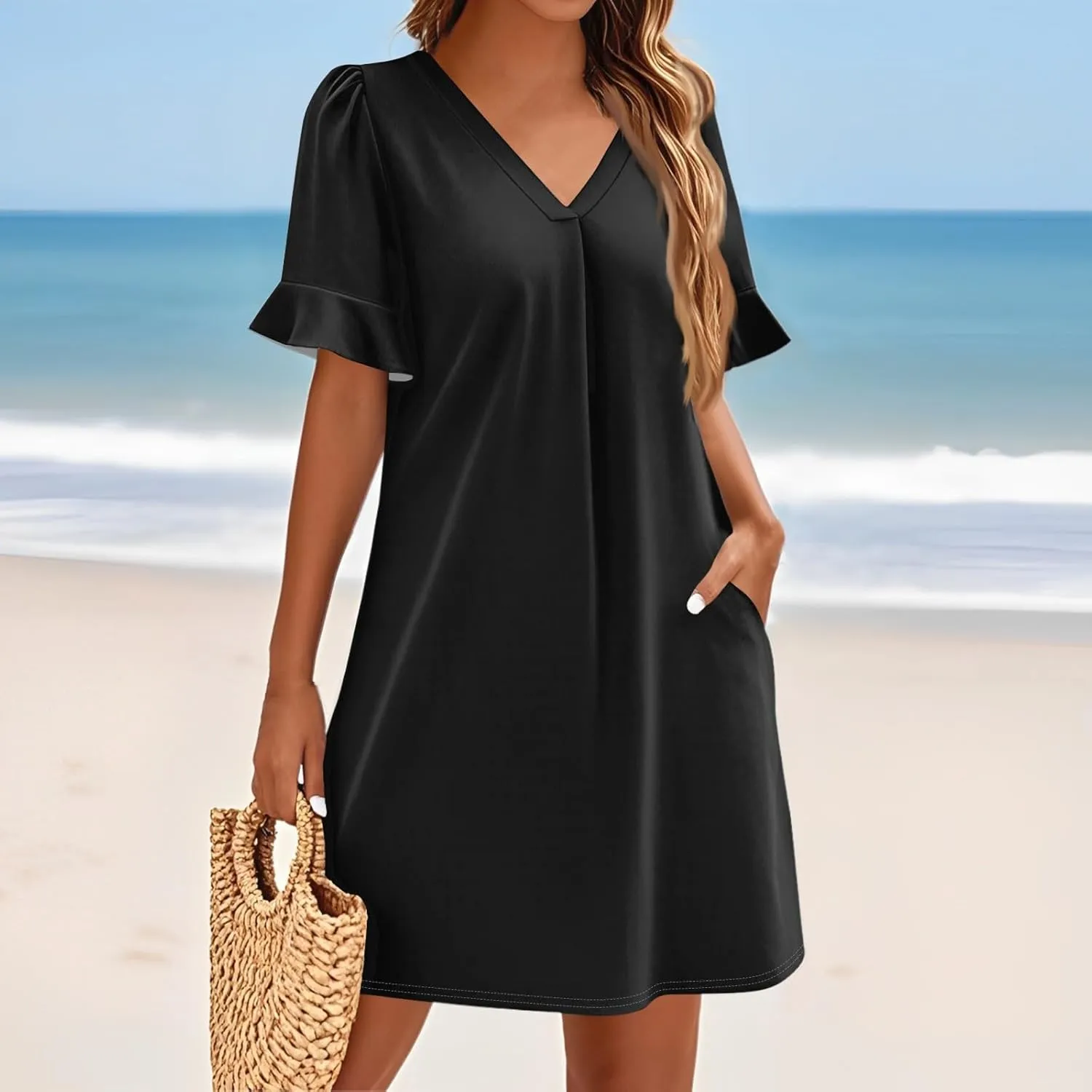 Womens Summer Dresses 2025 Loose Scoop Neck Ruffle Short Sleeve Sundresses Dress with Pockets