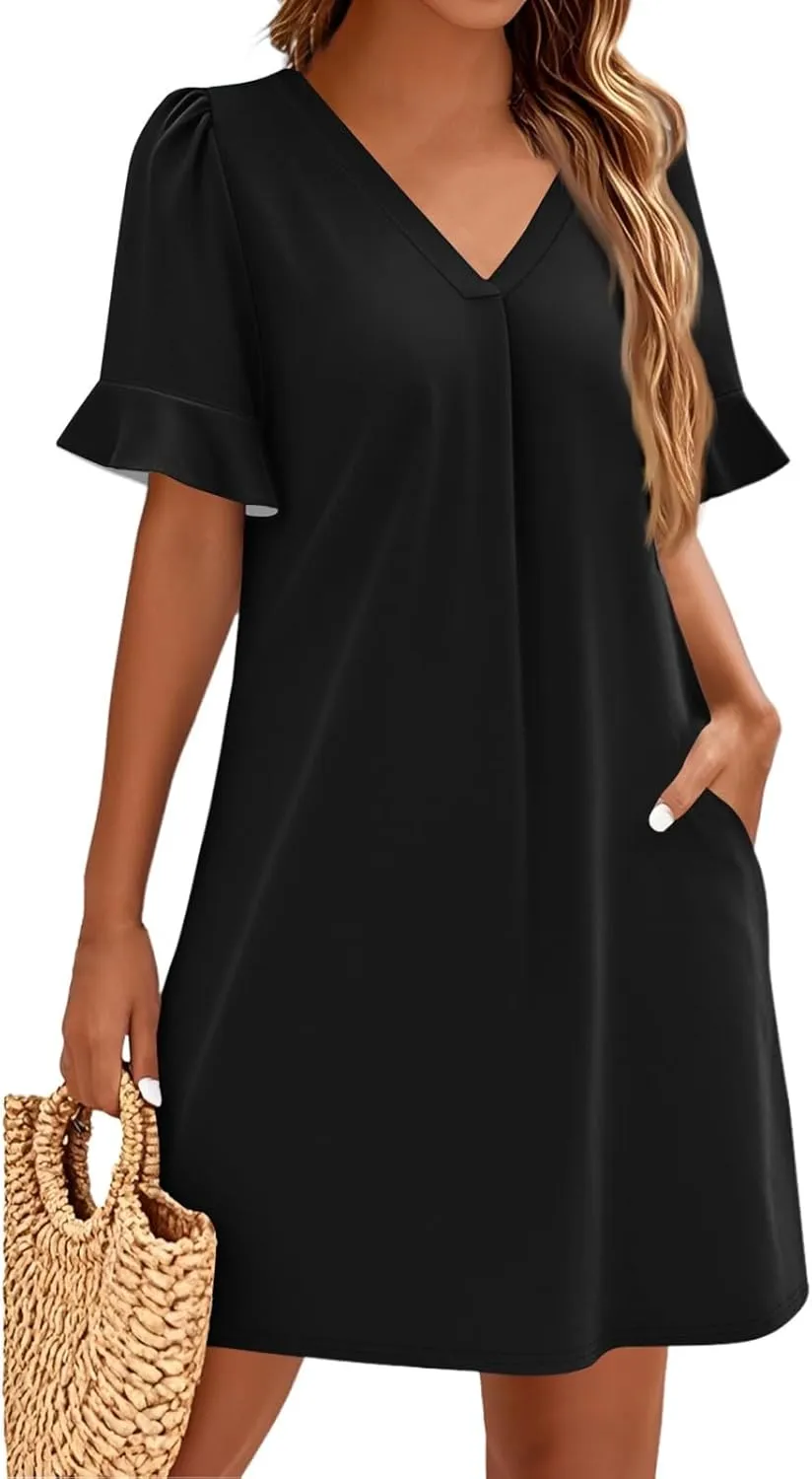 Womens Summer Dresses 2025 Loose Scoop Neck Ruffle Short Sleeve Sundresses Dress with Pockets