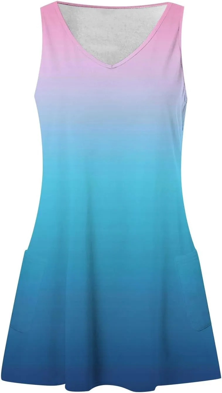 Womens Summer Dresses Casual 2025 Trendy Sleeveless V Neck Sundresses Beach Vacation Mini Tank Dress with Pockets
