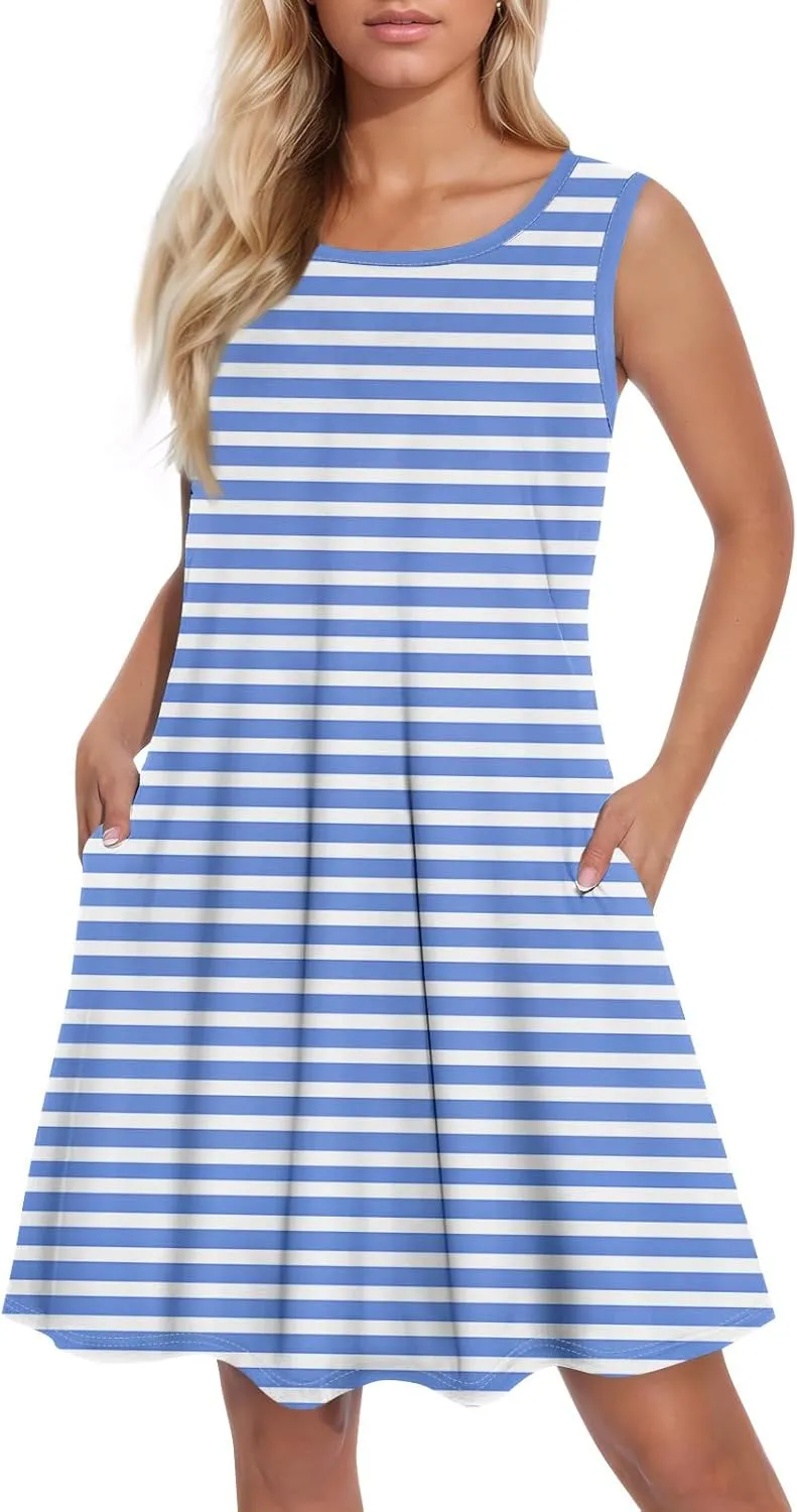 Womens Summer Dresses Loose Round Neck Sleeveless Sundresses Dress with Pockets