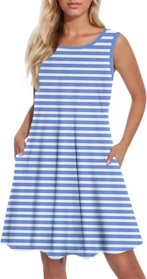 Womens Summer Dresses Loose Round Neck Sleeveless Sundresses Dress with Pockets