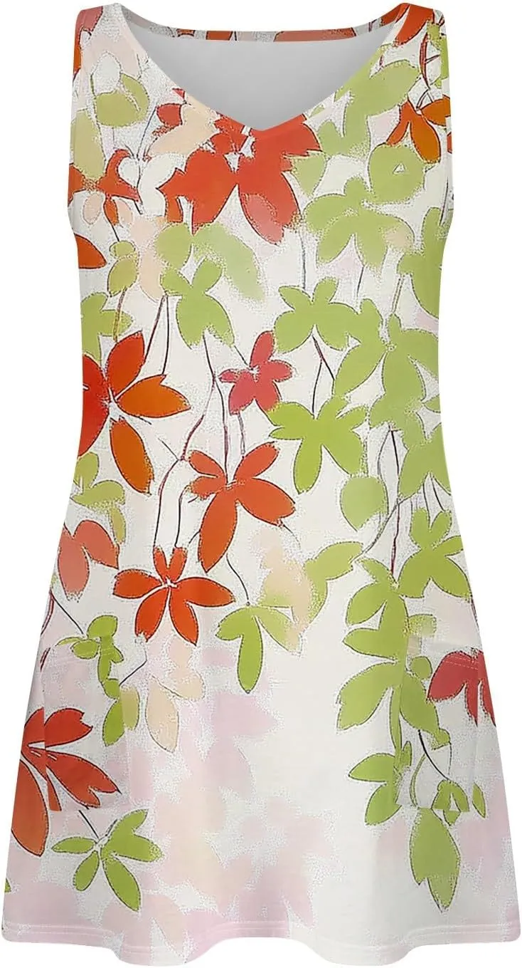 Women's Summer Dresses Summer Casual V Neck Sundresses Boho Tank Dress Beach Vacation Clothes with Pockets