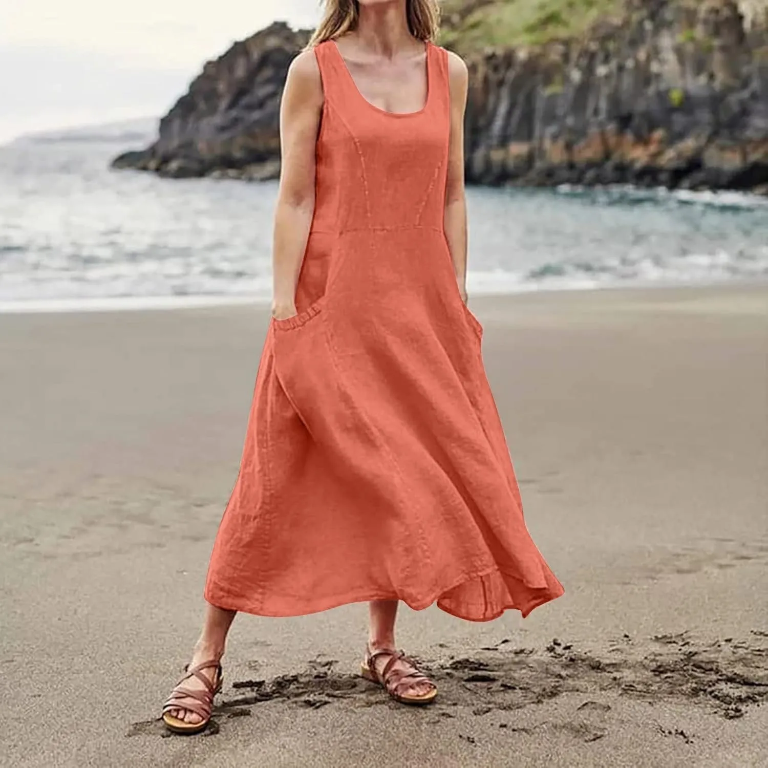 Womens Summer Linen Tank Dresses Casual Beach Floral Sleeveless Vacation Sundress Travel Outfits Cotton Maxi Dress