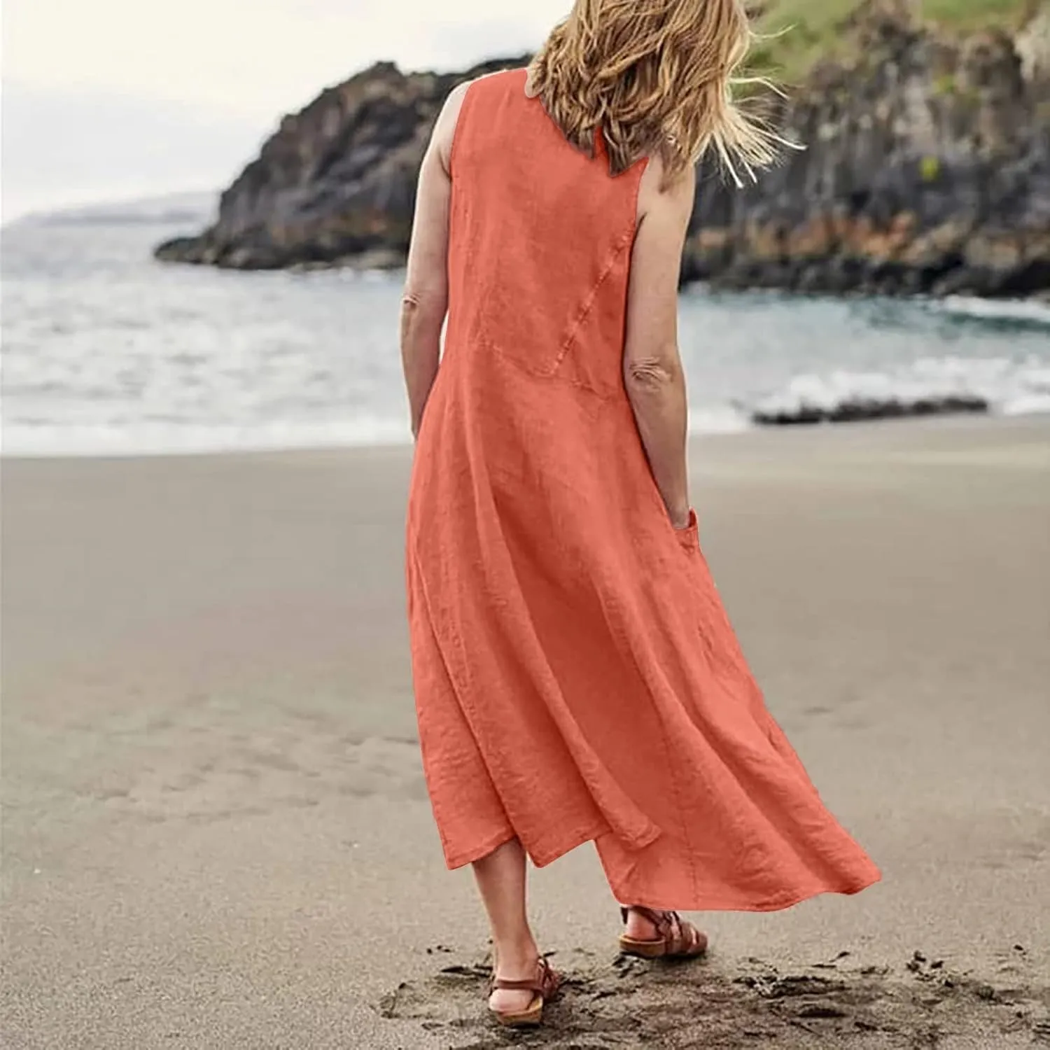 Womens Summer Linen Tank Dresses Casual Beach Floral Sleeveless Vacation Sundress Travel Outfits Cotton Maxi Dress