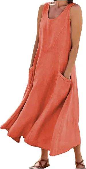 Womens Summer Linen Tank Dresses Casual Beach Floral Sleeveless Vacation Sundress Travel Outfits Cotton Maxi Dress