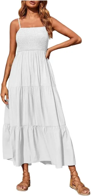 Women's Summer Maxi Dress 2025 Casual Boho Sleeveless Spaghetti Strap Smocked Tiered Long Beach Sundresses