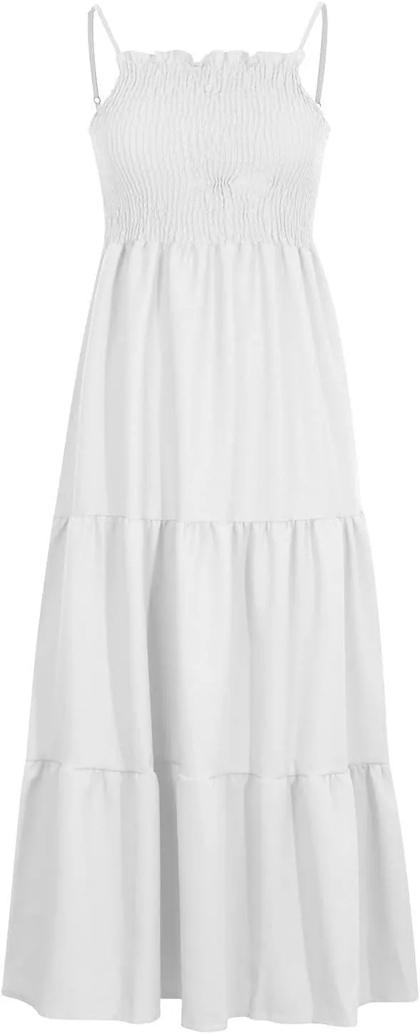 Women's Summer Maxi Dress 2025 Casual Boho Sleeveless Spaghetti Strap Smocked Tiered Long Beach Sundresses