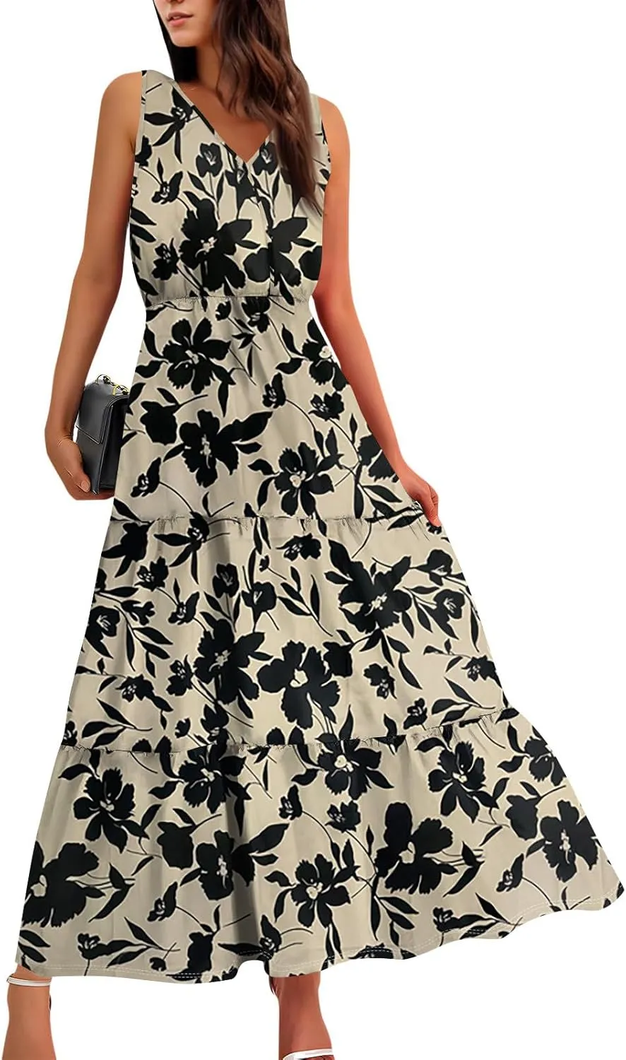 Women's Summer Maxi Dress Casual Boho Floral V Neck Sleeve Ruffle Hem Beach Long Dresses