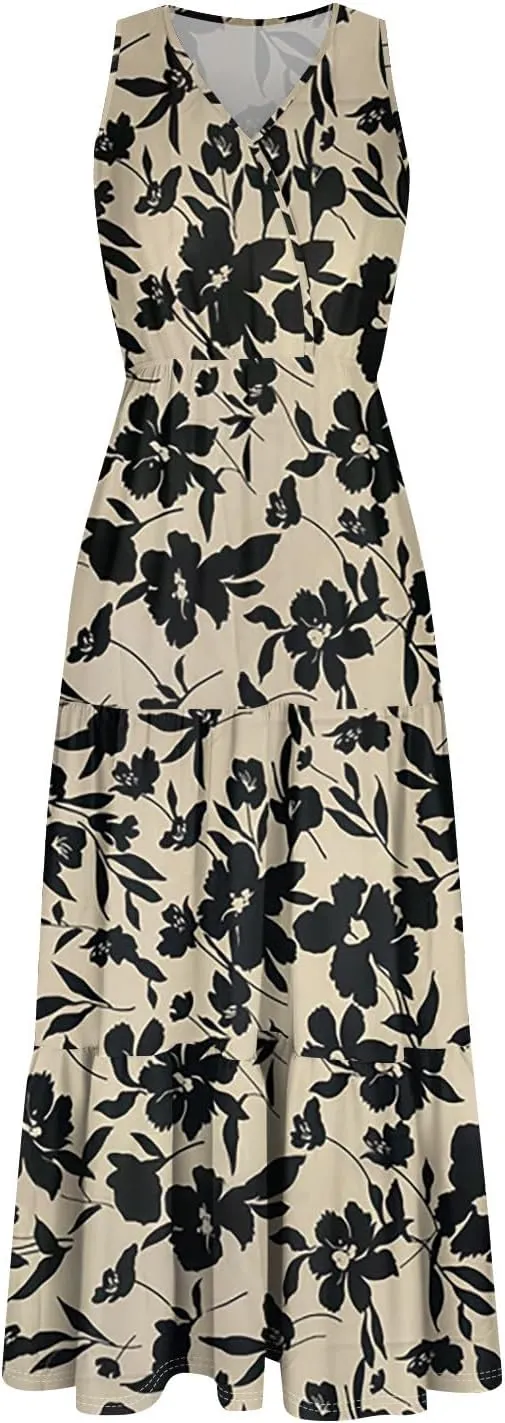Women's Summer Maxi Dress Casual Boho Floral V Neck Sleeve Ruffle Hem Beach Long Dresses