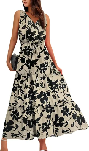 Women's Summer Maxi Dress Casual Boho Floral V Neck Sleeve Ruffle Hem Beach Long Dresses
