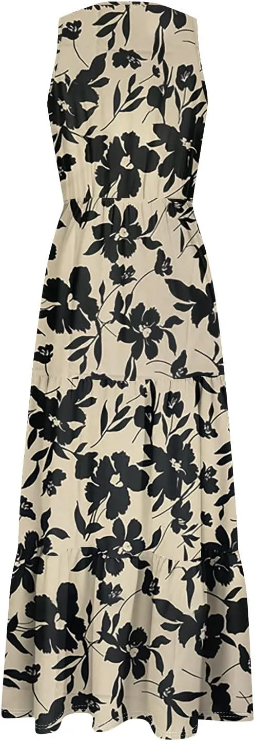 Women's Summer Maxi Dress Casual Boho Floral V Neck Sleeve Ruffle Hem Beach Long Dresses