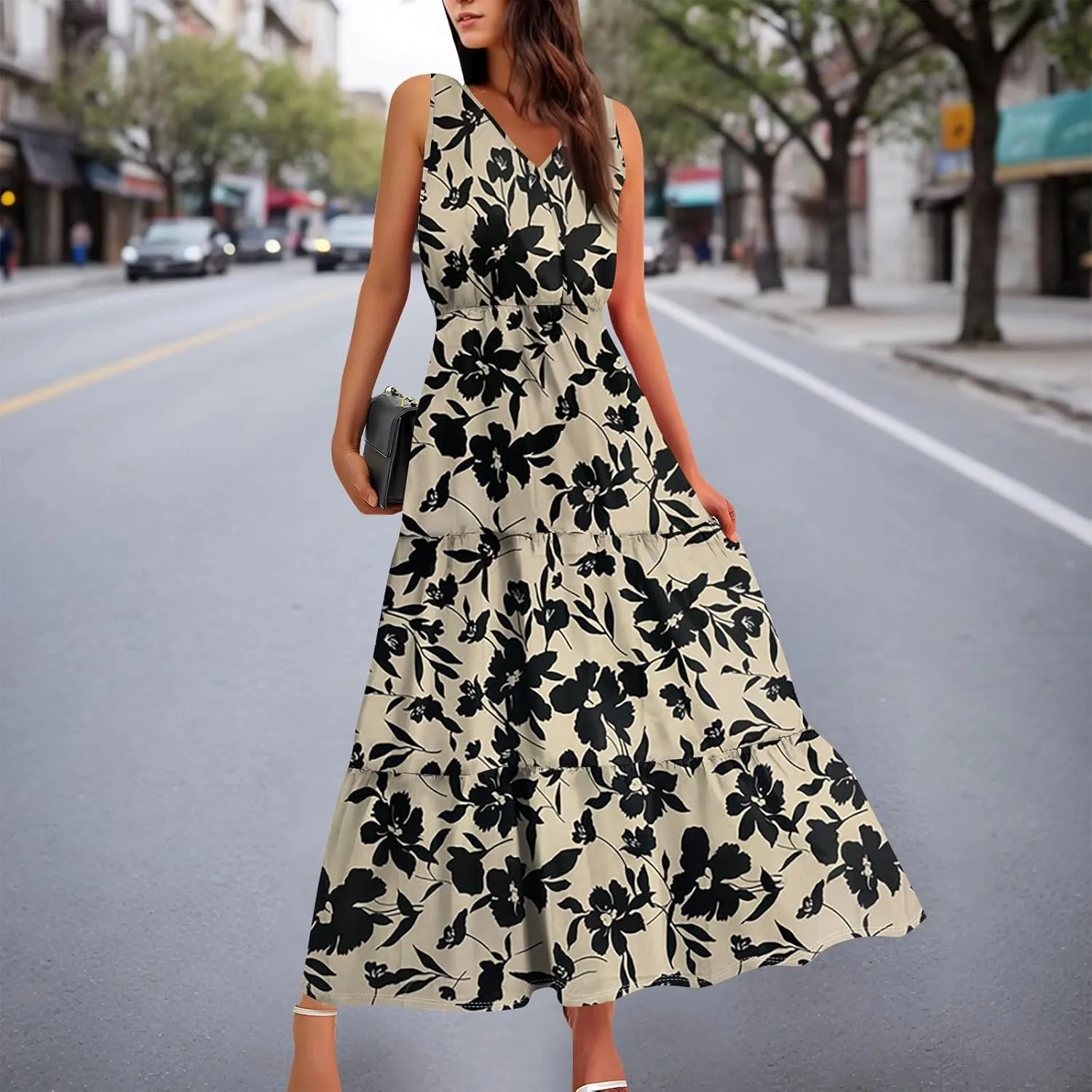Women's Summer Maxi Dress Casual Boho Floral V Neck Sleeve Ruffle Hem Beach Long Dresses