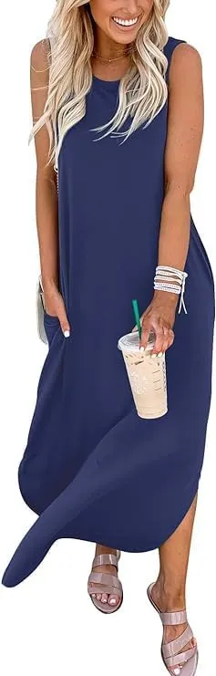 Womens Summer Maxi Dress Casual Sleeveless V Neck Split Long Beach Dresses Loose Sundress with Pocket