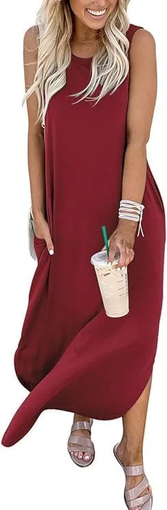 Womens Summer Maxi Dress Casual Sleeveless V Neck Split Long Beach Dresses Loose Sundress with Pocket