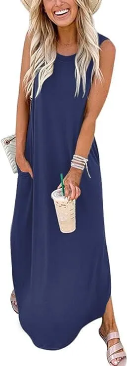 Womens Summer Maxi Dress Casual Sleeveless V Neck Split Long Beach Dresses Loose Sundress with Pocket