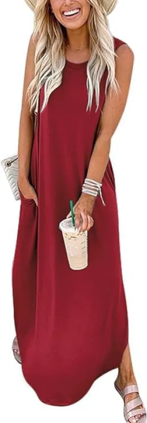Womens Summer Maxi Dress Casual Sleeveless V Neck Split Long Beach Dresses Loose Sundress with Pocket