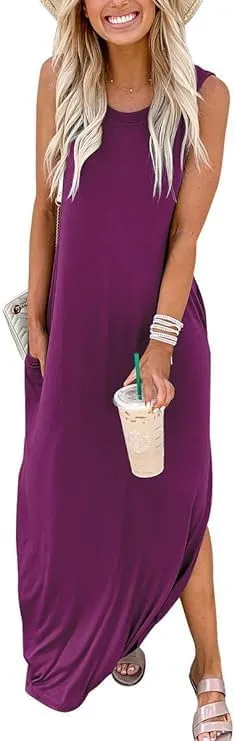 Womens Summer Maxi Dress Casual Sleeveless V Neck Split Long Beach Dresses Loose Sundress with Pocket