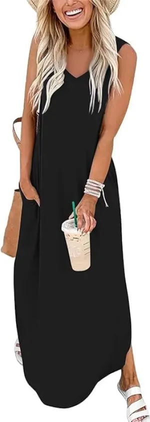 Womens Summer Maxi Dress Casual Sleeveless V Neck Split Long Beach Dresses Loose Sundress with Pocket