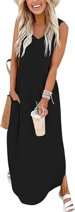 Womens Summer Maxi Dress Casual Sleeveless V Neck Split Long Beach Dresses Loose Sundress with Pocket