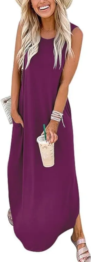 Womens Summer Maxi Dress Casual Sleeveless V Neck Split Long Beach Dresses Loose Sundress with Pocket