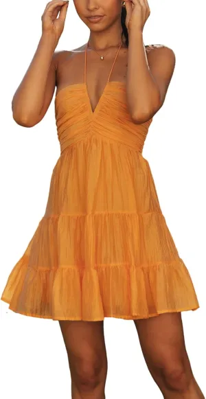 Women's Summer Mini Dress Halter Deep V Neck Sleeveless Flowy Tiered Ruffle Hem Dress Beach Streetwear