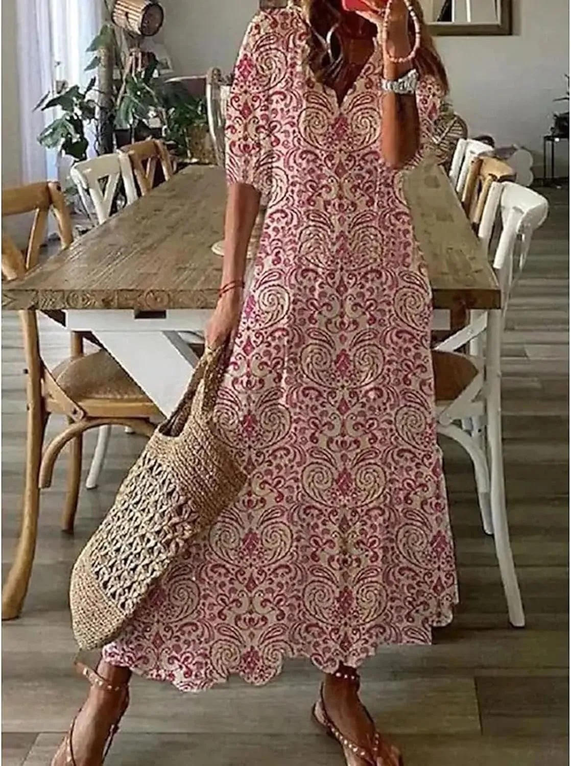 Women's Summer Ruffle Maxi Dresses 3/4 Sleeve Floral Pleated Swing Dress Bohemian Flowy A Line Boho Beach Long Dress