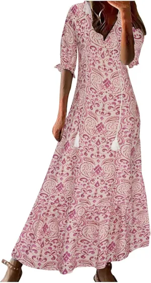 Women's Summer Ruffle Maxi Dresses 3/4 Sleeve Floral Pleated Swing Dress Bohemian Flowy A Line Boho Beach Long Dress