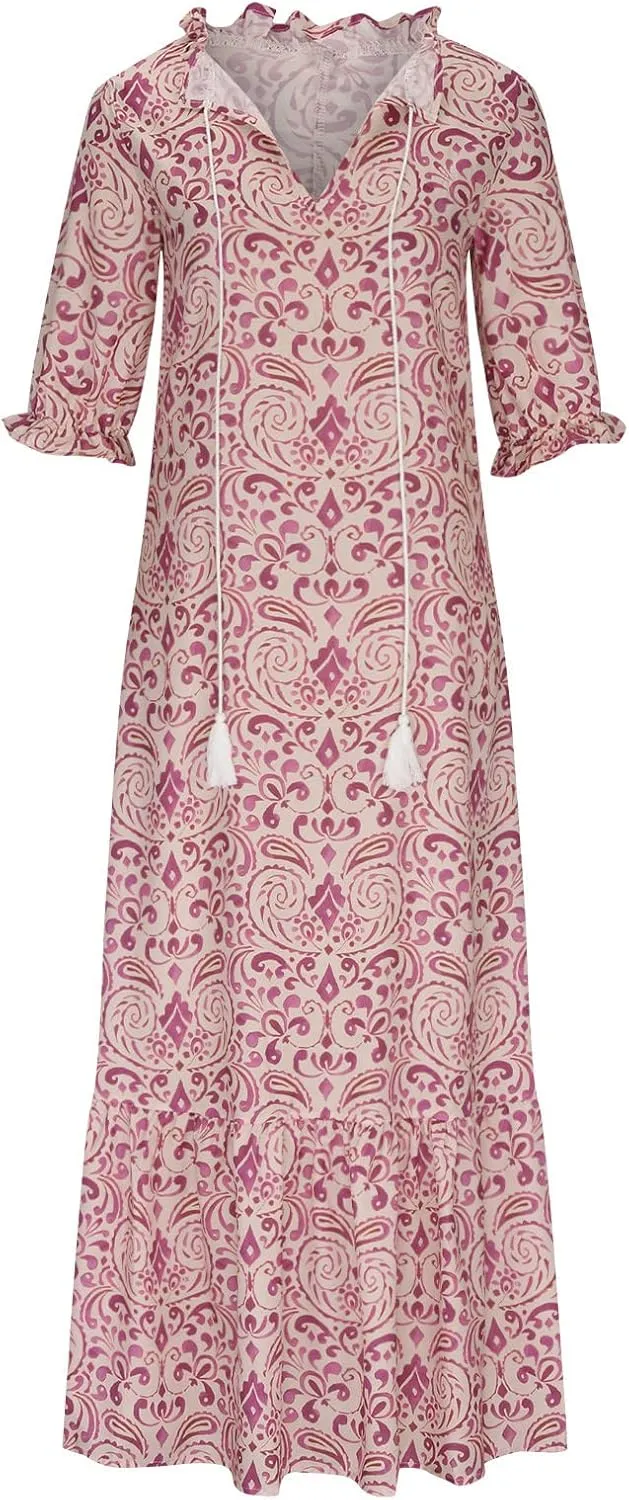 Women's Summer Ruffle Maxi Dresses 3/4 Sleeve Floral Pleated Swing Dress Bohemian Flowy A Line Boho Beach Long Dress