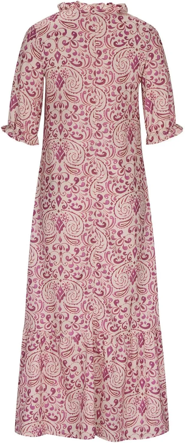 Women's Summer Ruffle Maxi Dresses 3/4 Sleeve Floral Pleated Swing Dress Bohemian Flowy A Line Boho Beach Long Dress