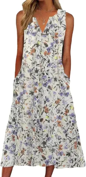 Womens Summer Sleeveless Boho Floral Printed Midi Tank Dresses V Neck Beach Tshirt Sundress with Pockets